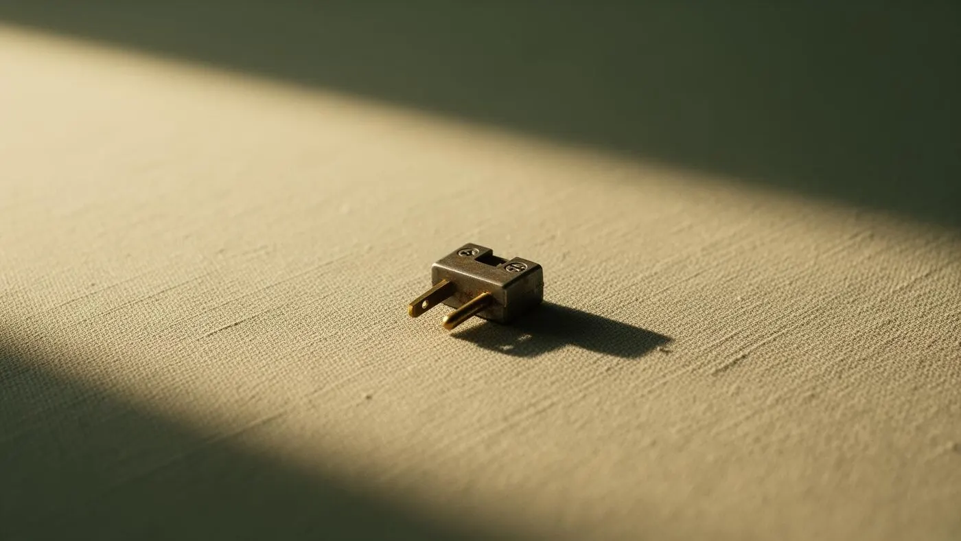 Ein einzelner Stecker liegt auf hellem Leinenstoff in einem schmalen Lichtstreifen.