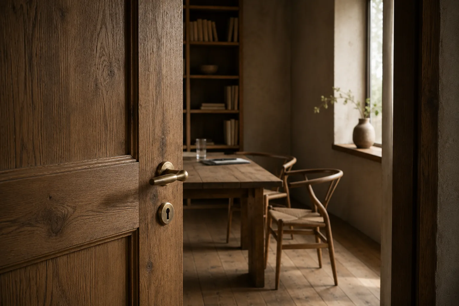 Geöffnete Eichentür mit Blick in einen ruhigen, holzgetäfelten Innenraum mit Bibliothek