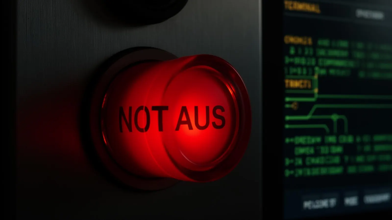 Rot leuchtender Knopf mit der Aufschrift „NOT AUS“, daneben ein Bildschirm mit grünem Text.
